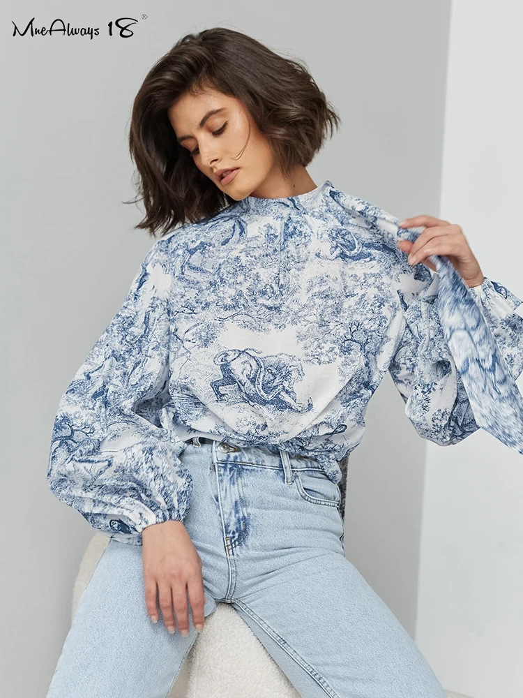 Mnealways18 Blue Elegant Printing Blouses And Tops Lantern Sleeves Women Autumn 2024 Lace-Up Tie Chic Print Pullover Tops Office