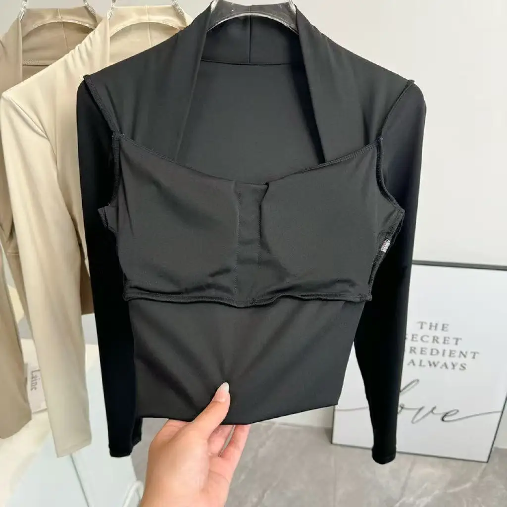 Fitness Chest Cushion Sports Top Women Long Sleeve Shirts Pra Speed Up Short Elegant Dance Yoga Clothes Small Waistband Gym