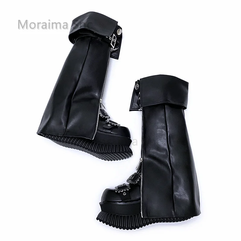 Belt Buckle Thick -Soled Tube Boots Punk Round Toe Leather Shoes Female Cool Metal Decor Increasing Pants Legs Knee High Boots