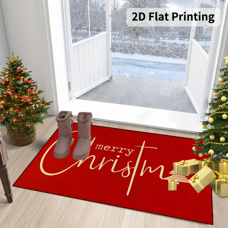 Festive Red Christmas Doormat with Golden Tree & Merry Christmas Design - Non-Slip, Machine Washable Indoor/Outdoor Entryway M