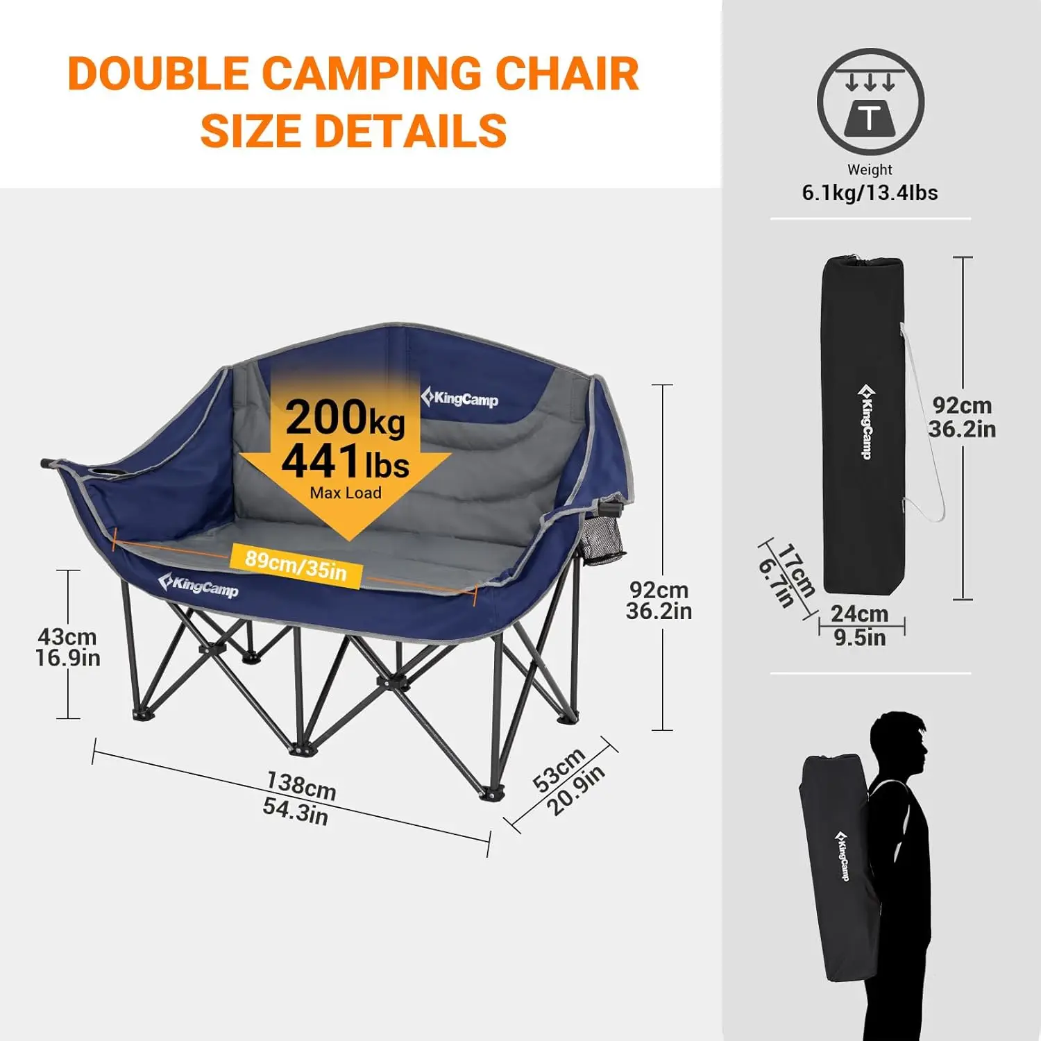 Double Camping Chair Loveseat Heavy Duty  Wine Glass Holder Support 440 lbs for Outside Picnic Beach Travel