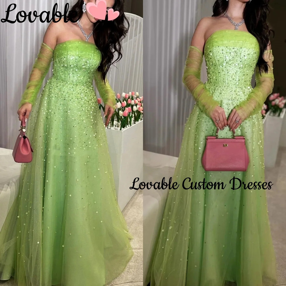 

Wedding Party Dress Customize A-Line Strapless Floor-Length Luxury Evening Dresses Lace Zipper Up Long Sleeves Dresses For Prom