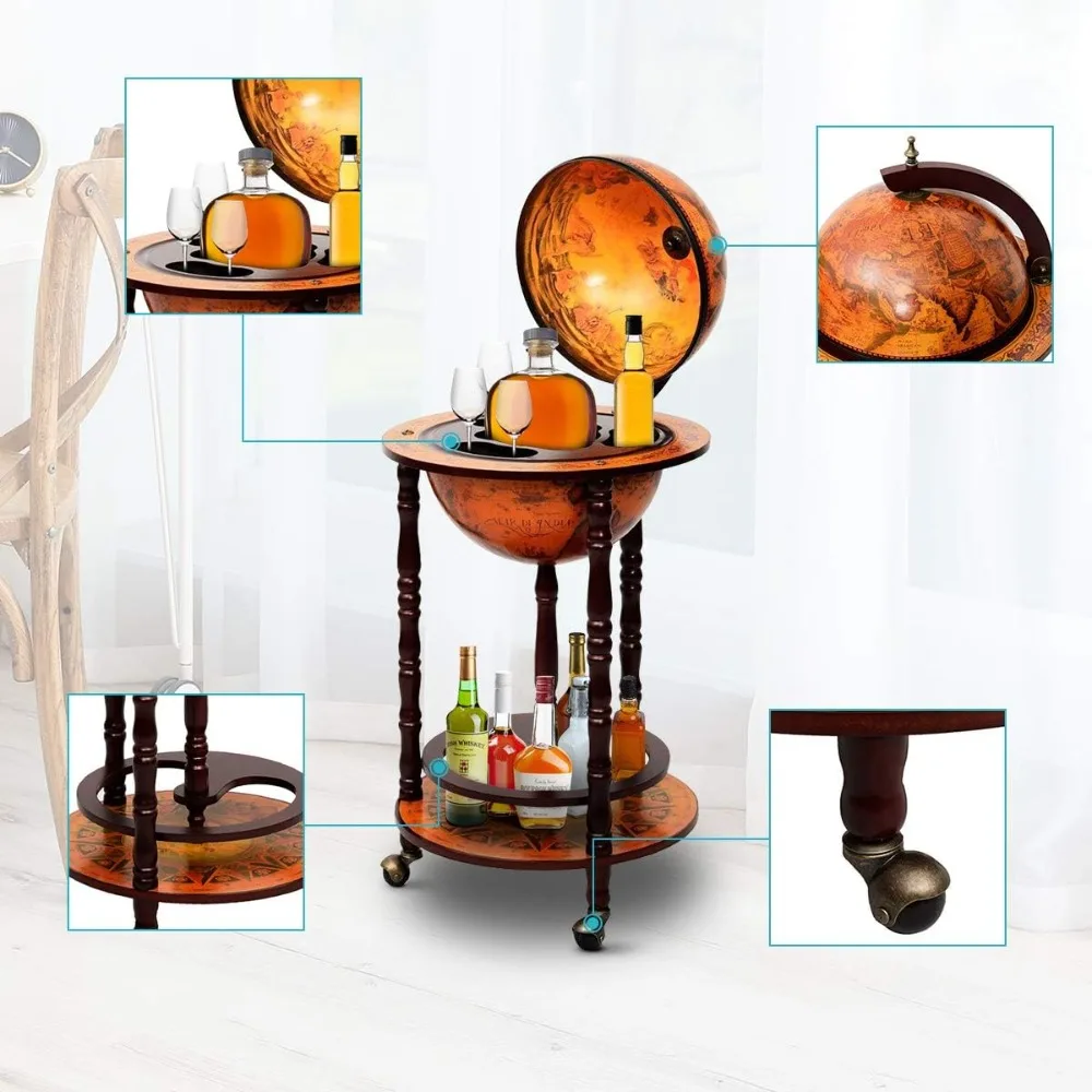 17 Wooden Globe Wine Rack, Wooden Globe Wine Bar Stand, Freely Movable Stable Liquor Bottle Shelf, Nautical Chart Wine Storage C
