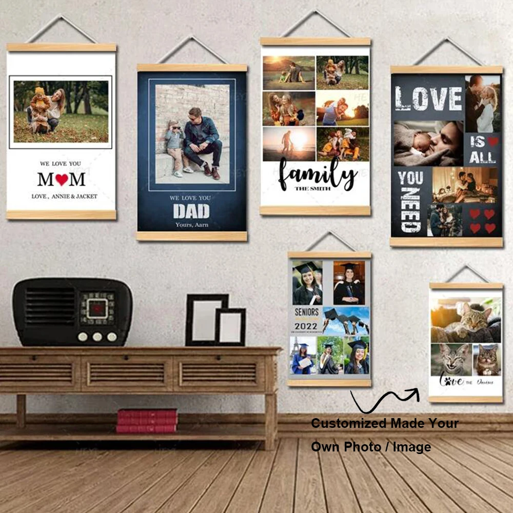 Custom Made Your Own Photo With Hanging Canvas Scroll Painting Solid Wood Hanging Canvas Poster and Prints Wall Art with Scroll
