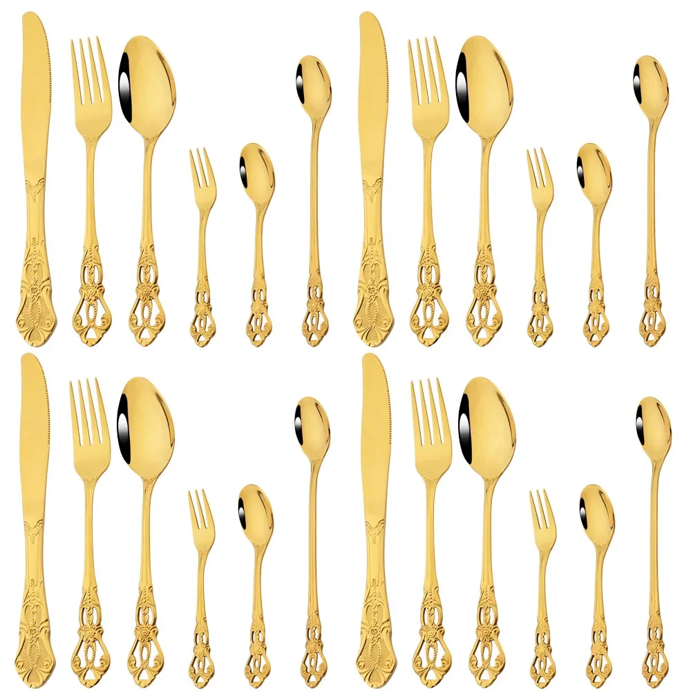 Drmfiy 4/24 pezzi oro stoviglie di lusso posate in acciaio inossidabile set occidentale vintage coltello da tavola cucchiaio da caffè forchetta set di posate