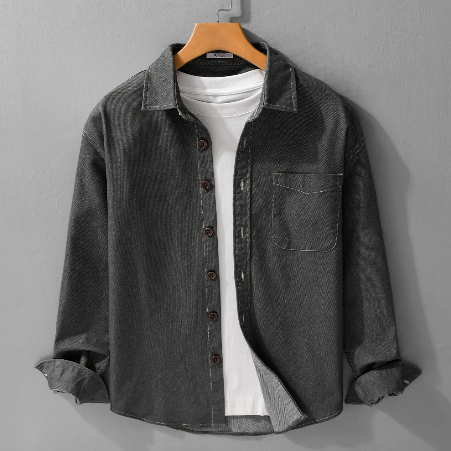 Autumn New Arrival Jacket Vintage Dark Blue Loose Fit Long Sleeve Pure Color Basic Style Business Casual Men's Shirt 3152 Male