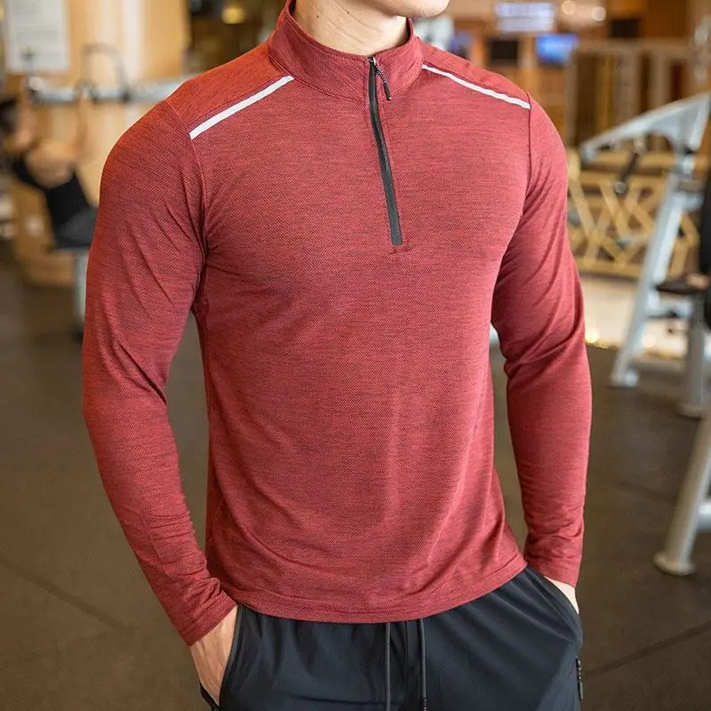 Quick Dry Polyester Shirt Tight Long Sleeve Sports T-shirts Quarter Zip Sweatshirt Mens Sports T shirt with Reflective Stripe