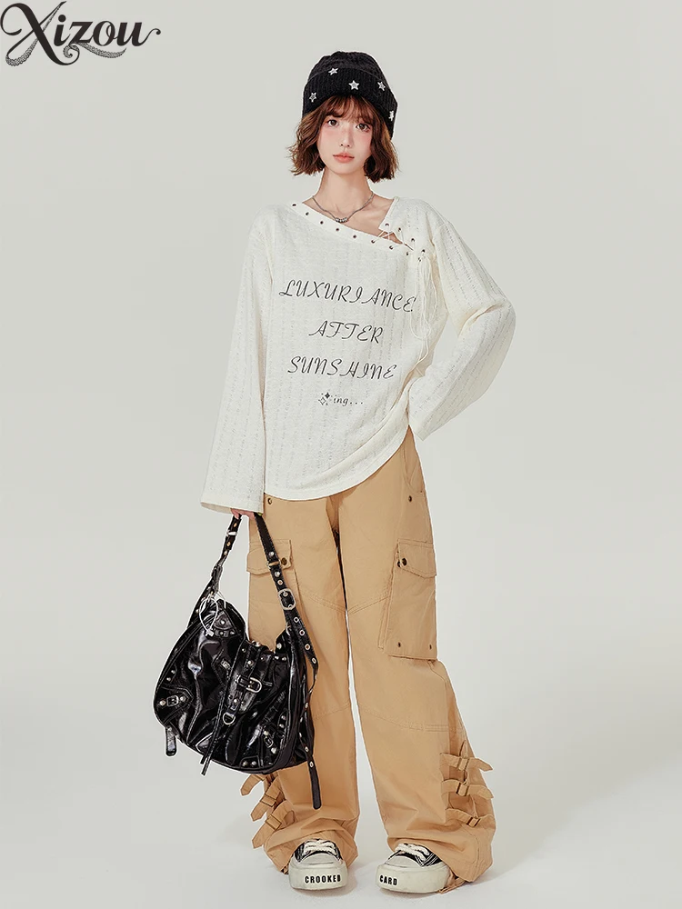 2025 Women Autumn Summer Tops American Retro Korean Commuter Hollow Knitted Furry Sweater Long Sleeve Tie-Up Letter Print Loose