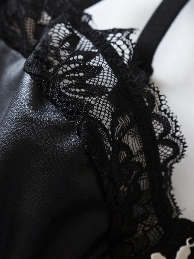 SsTss فو الجلود المرقعة ارتداءها مثير الدانتيل متابعة انظر من خلال الدانتيل الشفاف قطعة واحدة المرأة أنيقة الأسود القوطية الملابس الداخلية