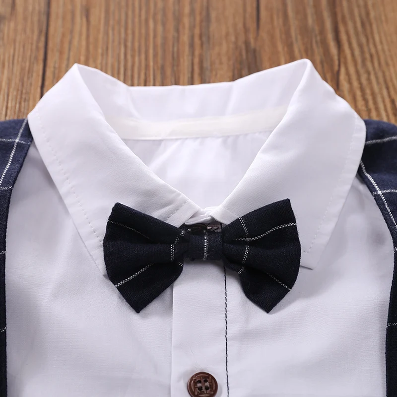 Summer shirt sleeved plaid fake two-piece shoulder strap pants baby jumpsuit made of pure cotton