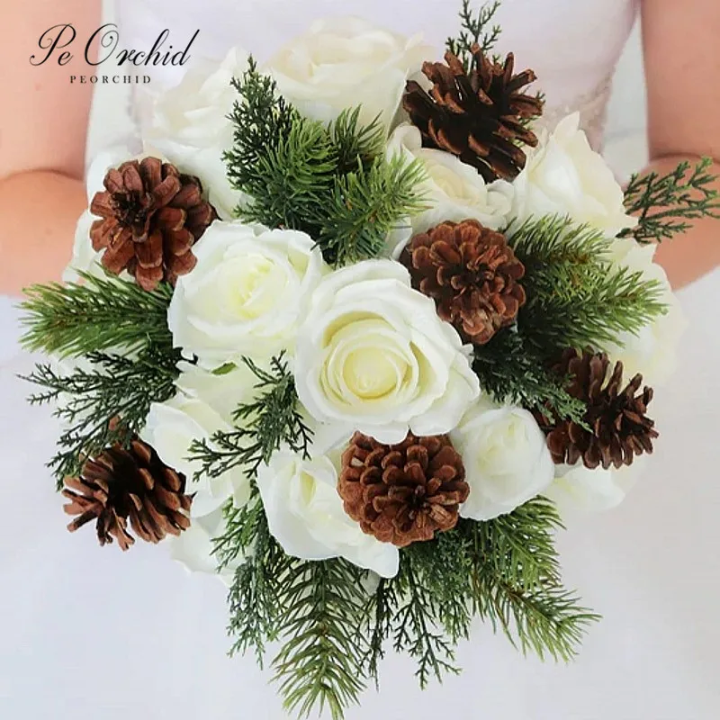 PEORCHID Green&Ivory Christmas Wedding Bouquet Pinecones Rose Artificial Ramos De Novias Bridesmaid Hand Flowers Bridal Bouquets