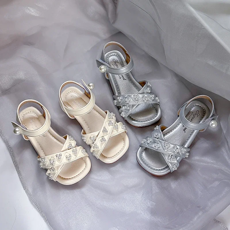 Girls Princess Shoes Sweet Pearls Kids Sandals Ins Trendy Soft Sole 2025 Summer New Children Beach Shoes Open Toes Non-slip Cute