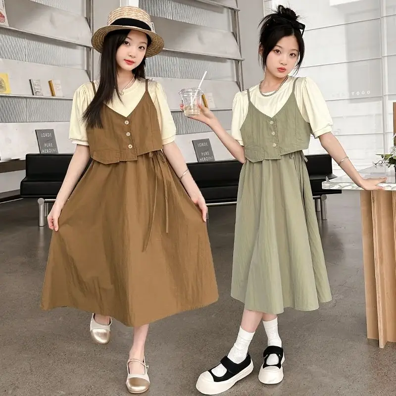 

Teenager Girls Summer Dress 2025 New Korean Children Short Sleeved Fake Two Pieces Princess Dresses Kids Casual Clothes Vestidos