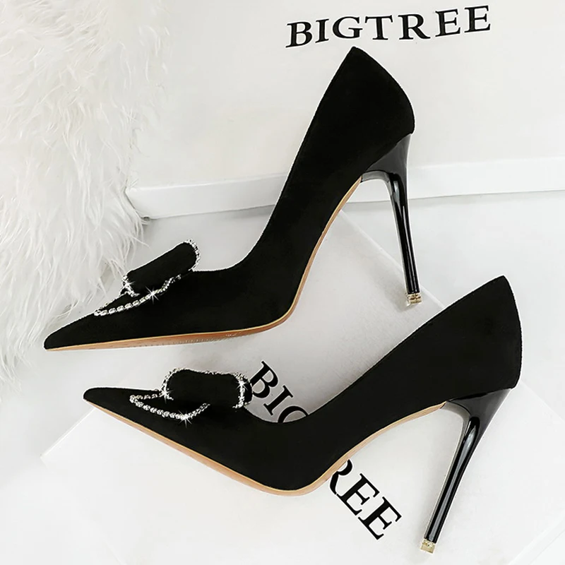 Rhinestone Bowknot Woman Pumps Suede High Heels Sexy Party Shoes Pointed Stilettos Women Heels Luxury Pumps Large Size 42 43