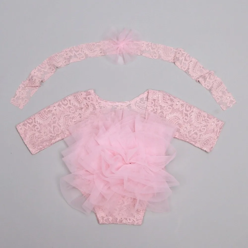 Creative Cute Newborn Lace Romper Sweet with Headband Fluffy Mesh Lace Skirt Photography Outfits Baby