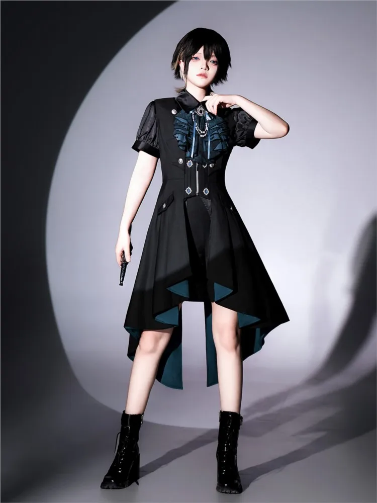 Dark Gothic style shirt tail-end waistcoat shorts set dress