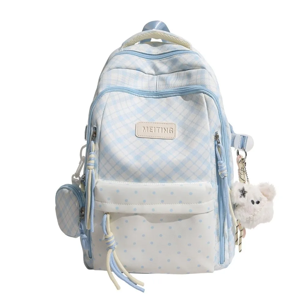 Sweet Large Capacity Plaid Backpacks Lightweight Nylon Checkered Travel Daypack Casual Multi-pocket Laptop Backpack for Women