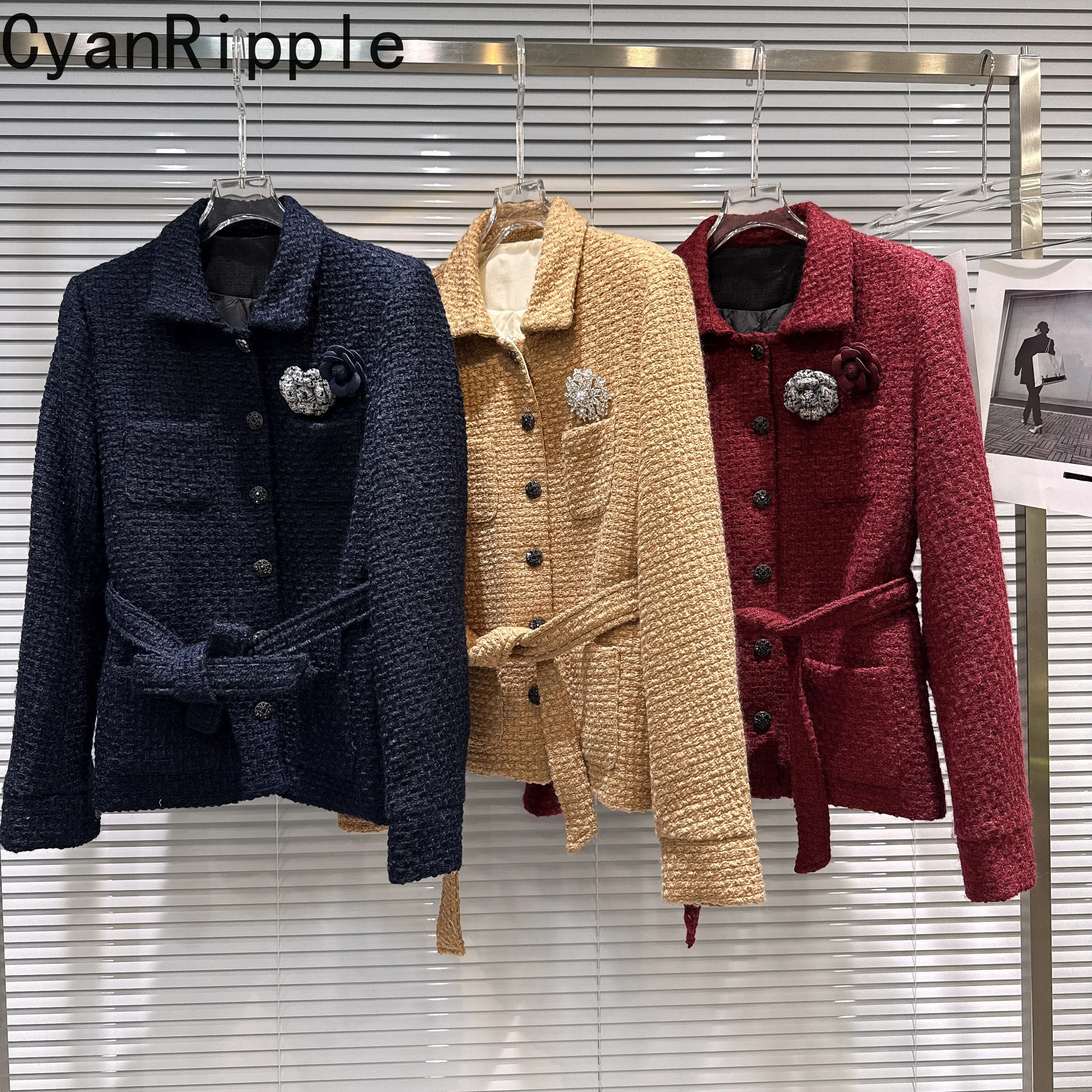 2026 Fashion Lady Autumn Winter Tweeds Jackets Elegant Turn-down Collar Thick Down Coat Long Sleeve Straight Women Outerwear