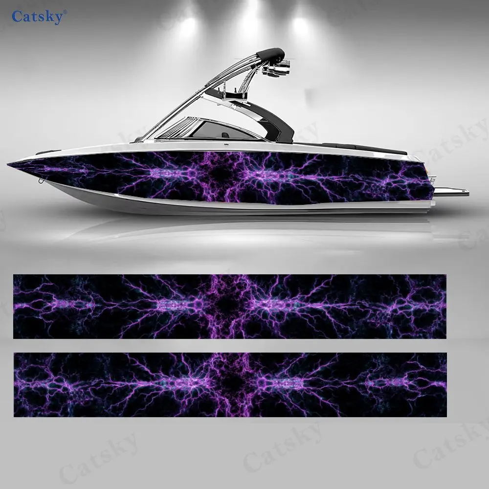

Purple-Blue Electric Light Pattern Boat Stickers, PVC Waterproof Vinyl Wrap Decals for Fishing Boats, Durable and Stylish Design