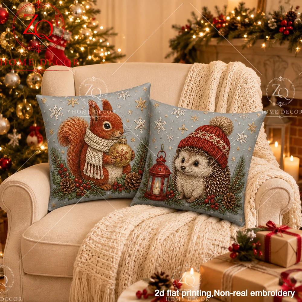 Christmas Squirrel Pillow Cover 2D Flat Printed Peach Skin Hedgehog Cushion Case Winter Animal Pillowcase Couch Sofa Bed Decor