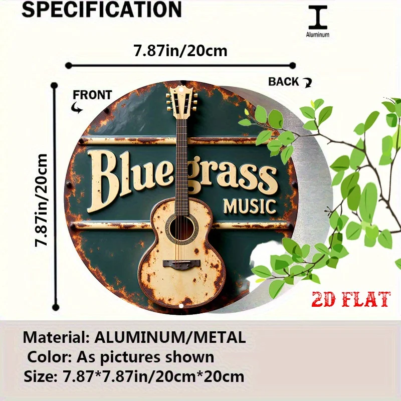 2D Flat 1pc Rustic Guitar Round Aluminum Sign, Bluegrass Metal Tin Sign - Country Tune Rustic Metal Wall Art, Heritage Sound