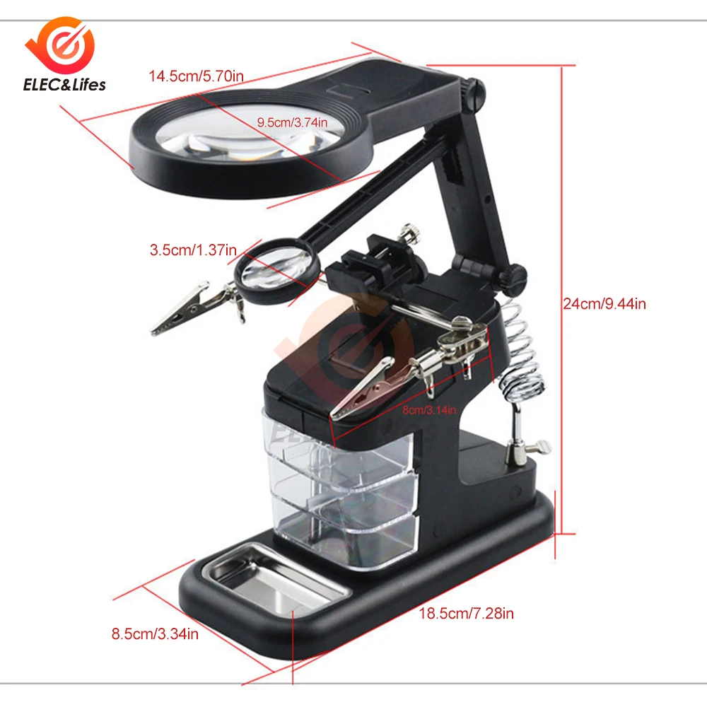 Multi-functional Welding LED Magnifier 3/4.5/25X Magnifying Glass Alligator Clip Holder Clamp Helping Hand Soldering Repair Tool