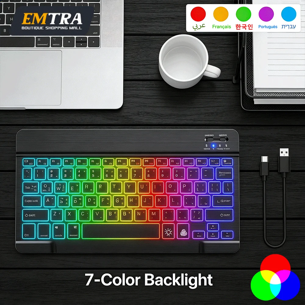EMTRA Mini Backlit RGB 10inch Bluetooth Keyboard Wireless Rechargeable for Spanish Russian Hebrew Korean French Arabic Portugal