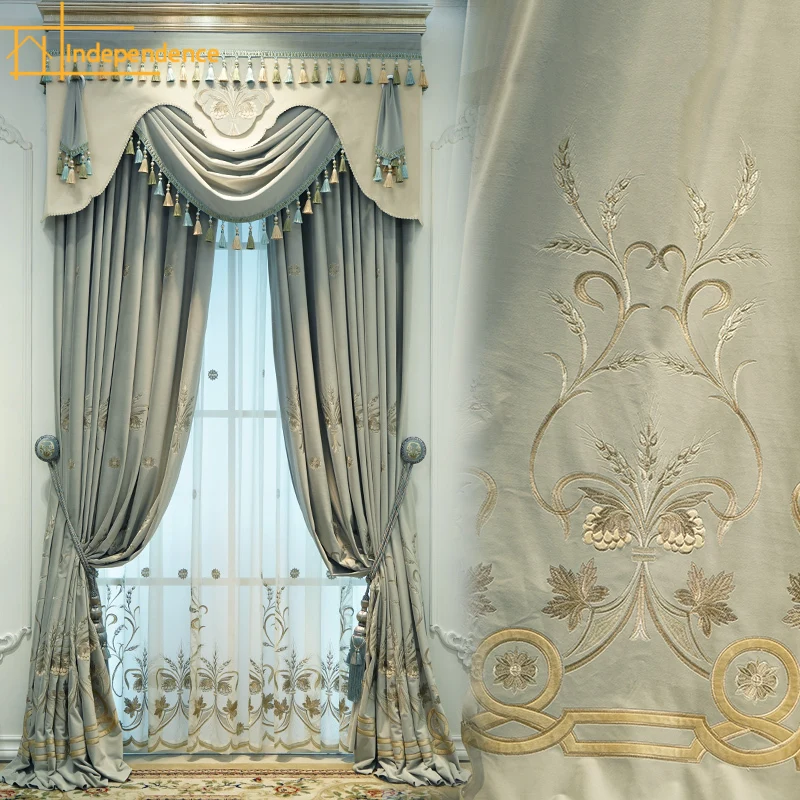 High-end Grey Blue Embroidered Flannelette Thickened Blackout Curtains for Living Room Bedroom Villa French Window Customized