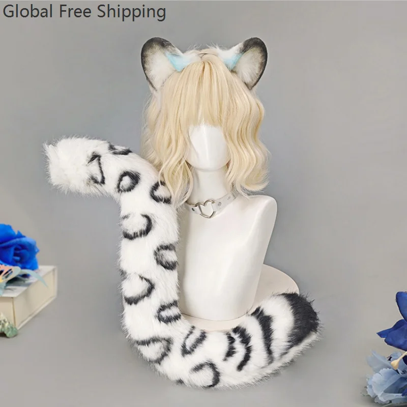 Faux Fur Snow Leopard  Set Animal Leopard Headband Tail Plush Round Ears Cosplay Hair Clips Party Cosplay Prop Lolita Hairband
