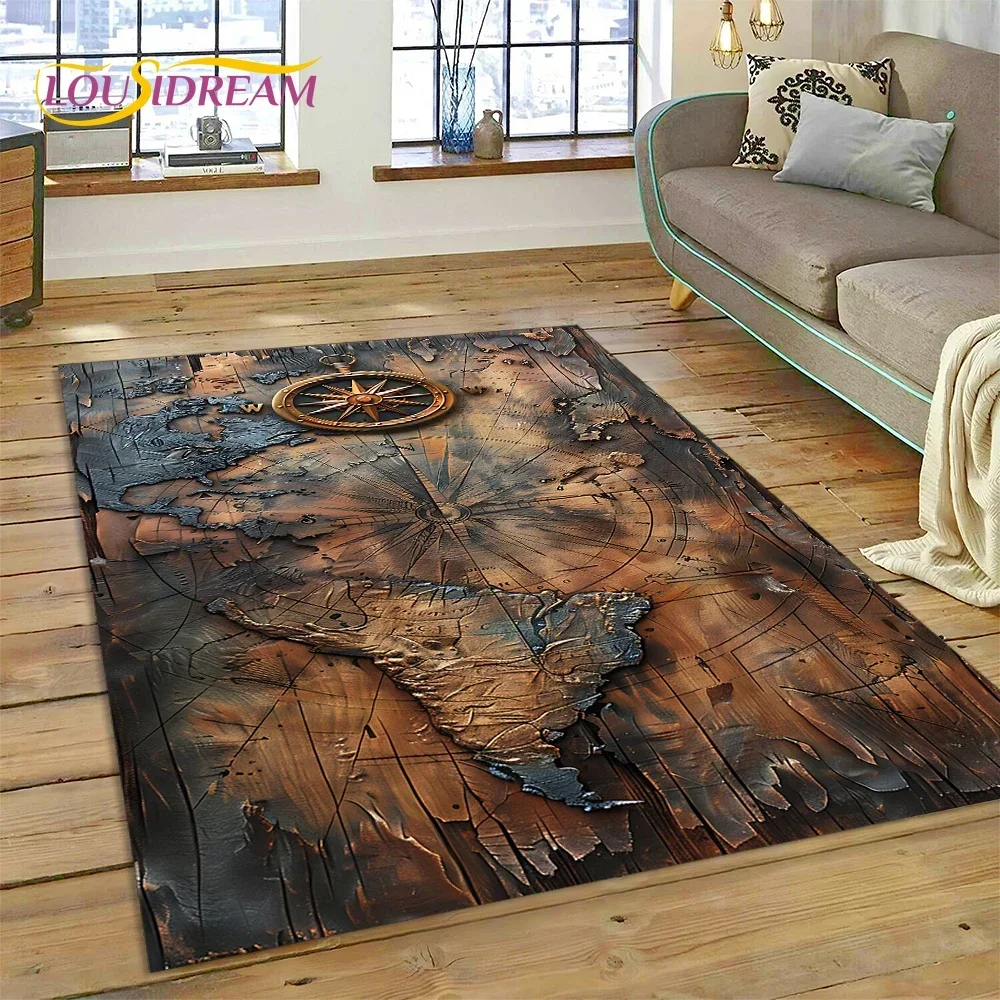 3D Ancient Nautical Chart World Map Compass Carpet Rug for Bedroom Living Room Sofa Decoration,Child Game Large Decor Floor Mat