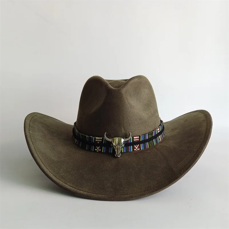 Chapeau de cowboy en daim vert armée, nouveau modèle grande taille, en daim, avec dessus en forme de