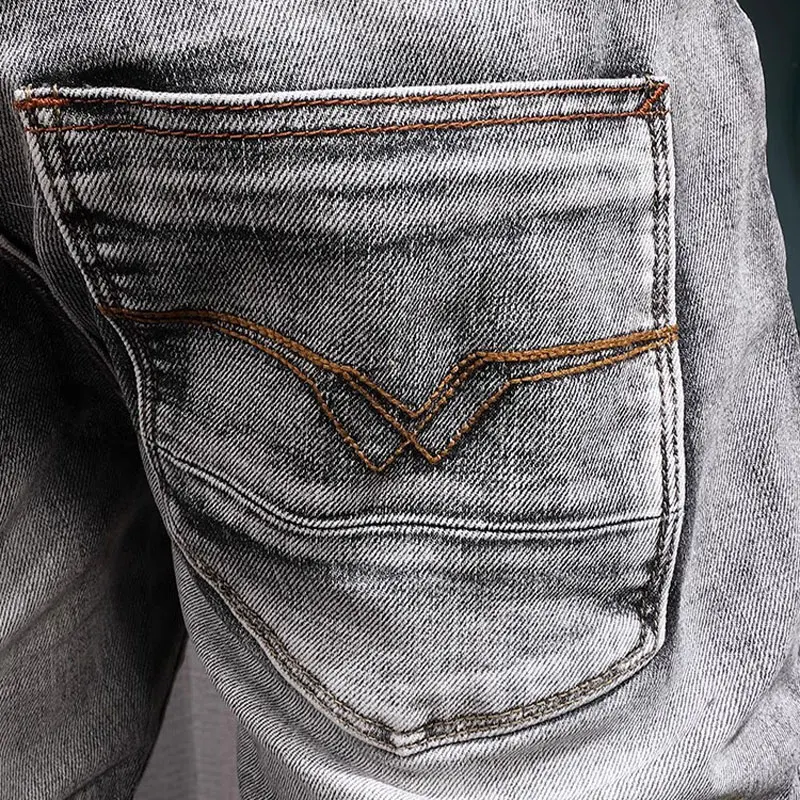 Newly Designer Fashion Men Jeans High Quality Retro Gray Stretch Slim Fit Ripped Jeans Men Embroidery Vintage Denim Pants Hombre