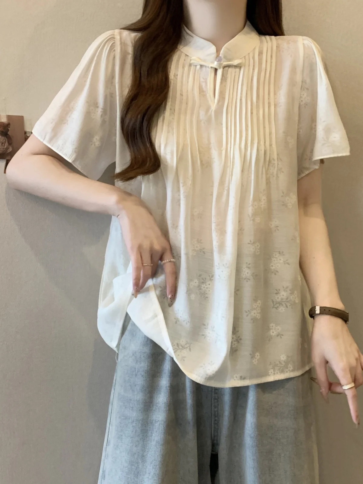 New Chinese Style Retro Floral Chiffon Shirt Women Summer plus Size Conceal Belly Button up Top Korean Loose Fit Short Sleeve