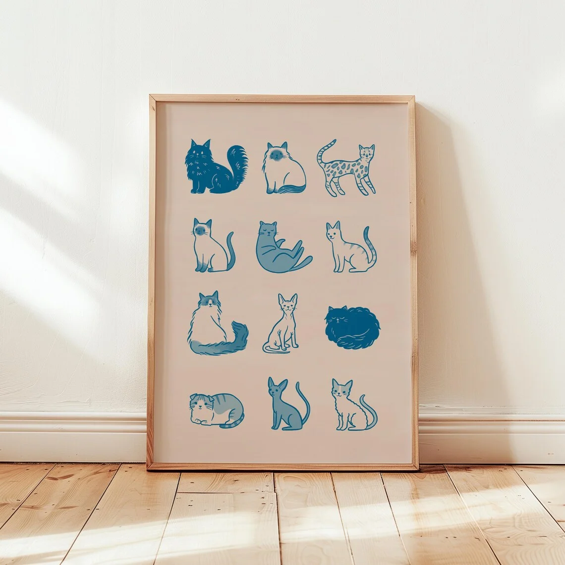 Minimalist Blue Cat Breed Chart Wall Print Decor - Stylish Line Art Illustration Featuring 12 Different Cat Breeds in a Cohesive