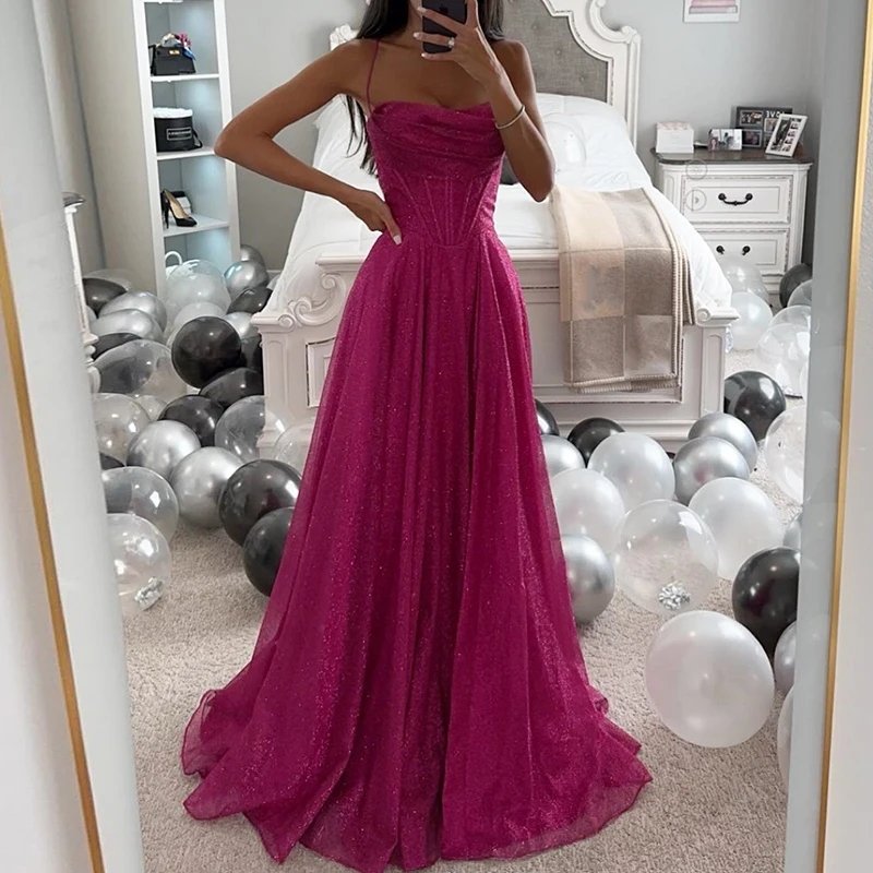 Elegant Sleeveless Swing Dresses Sexy Backless Spaghetti Strap Floor-length Dress Fashion Sequins Nipped Waisted Evening Dresses