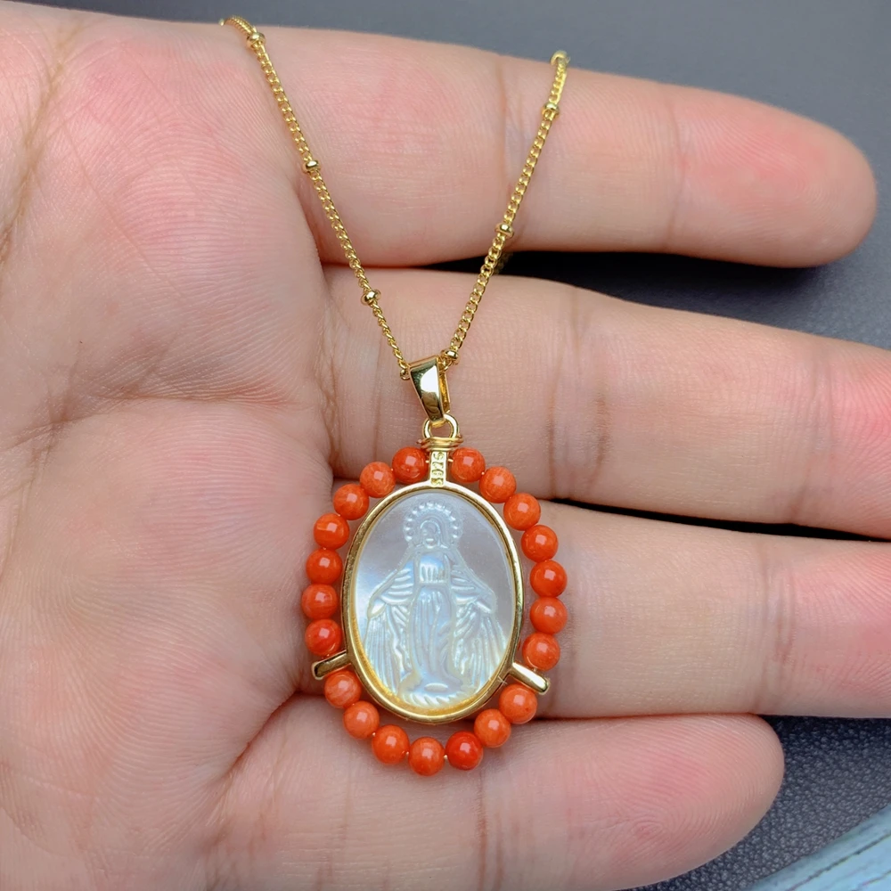 New White Fritillaria Virgin Mary Necklace Charm Natural seashells Choker Seed Beads Pendant For women Religion Jewelry