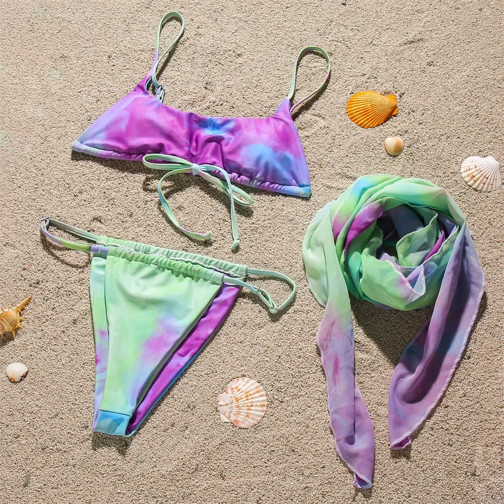 Mulheres Tie Dye Sling Bikini, maiô com cordão, encosto malha cobrir, roupa de praia, roupa de banho, roupa de banho, Y2K, 3 pcs