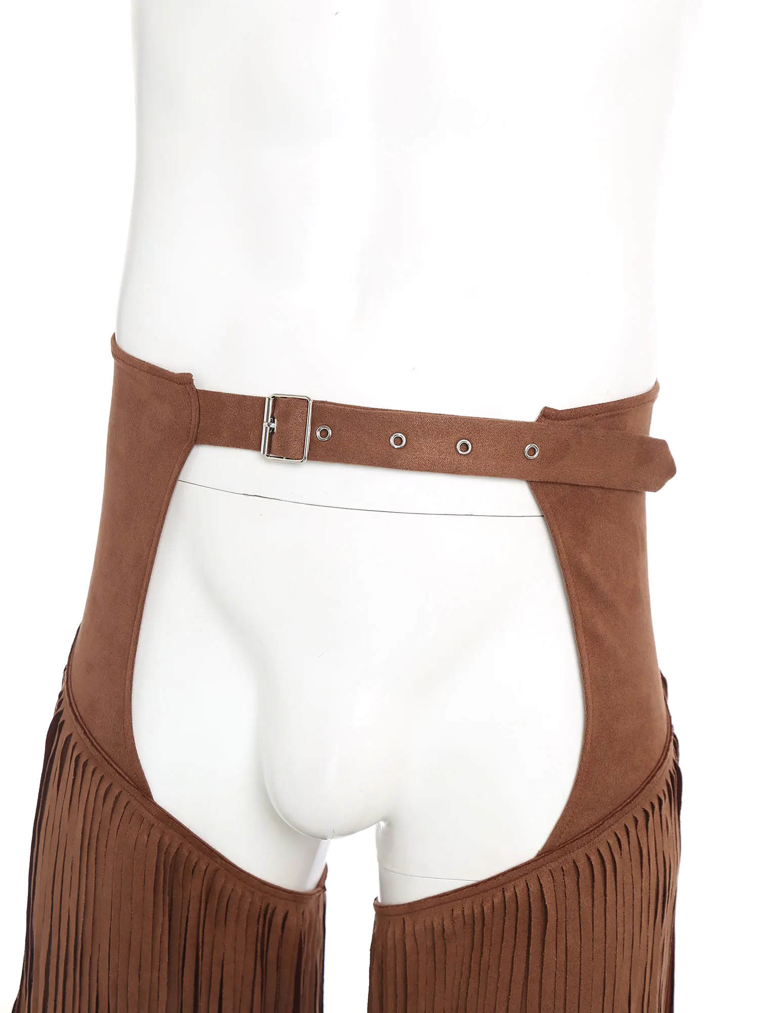 Mens Western Cowboy Chaps Fuax Suede Tassel Hollow Out Open Crotch Long Pants Adjustable Buckles Waist Motorcycle Biker Trousers view 4