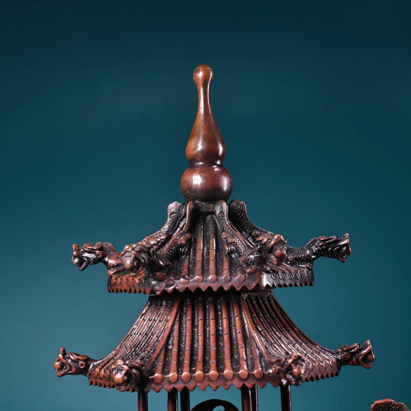 17"Nepalese folk  Old Bronze Cinnabar Mosaic Gem Phoenix Binaural Stupa Buddha  Pagoda incense burner Town house