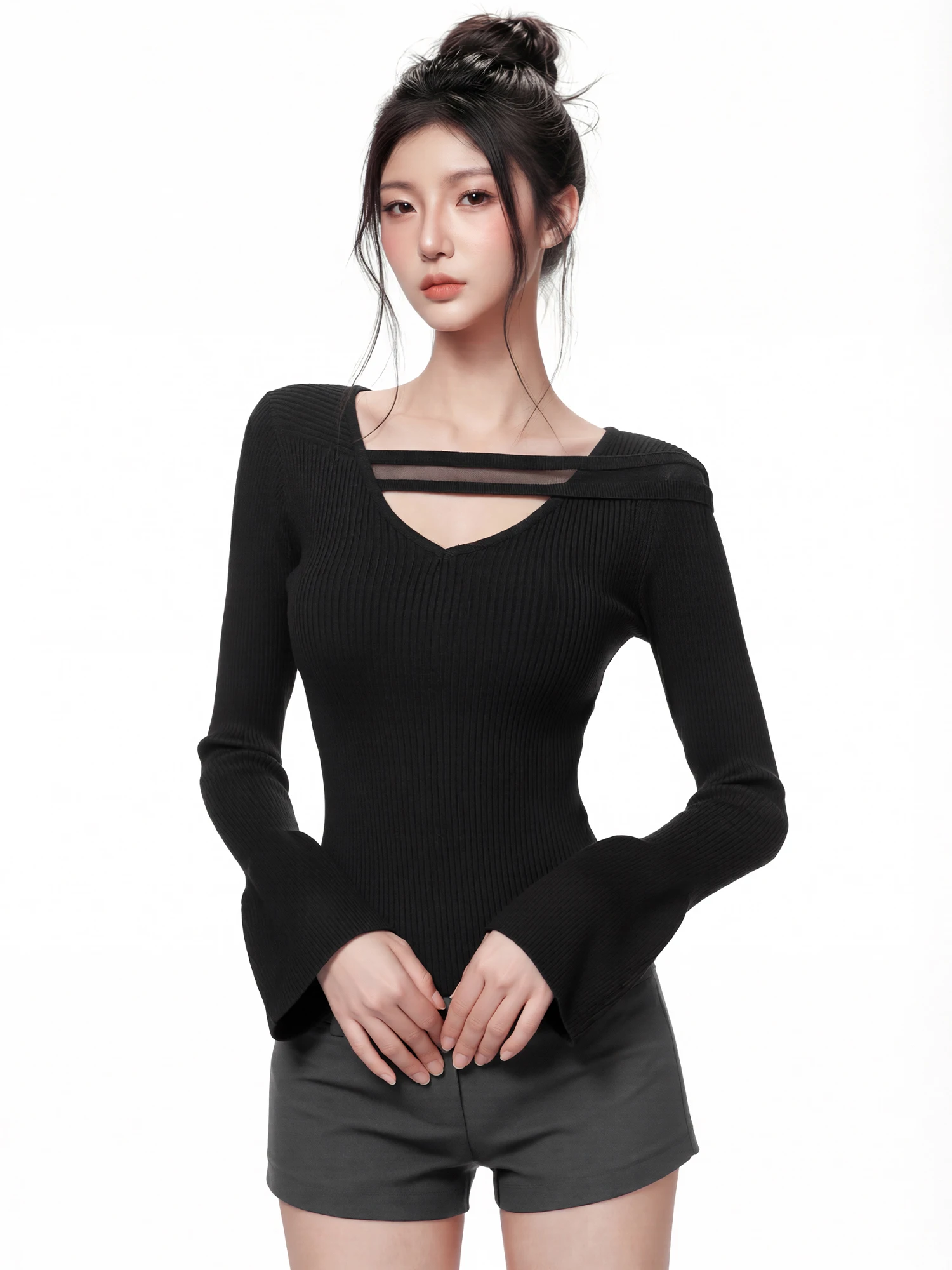 

Сексуальный вязаный топ с вырезами, женская облегающая базовая рубашка, модная внутренняя одежда для девушек, черный пуловер с V-образным вырезом, смесовая ткань, весна 2026