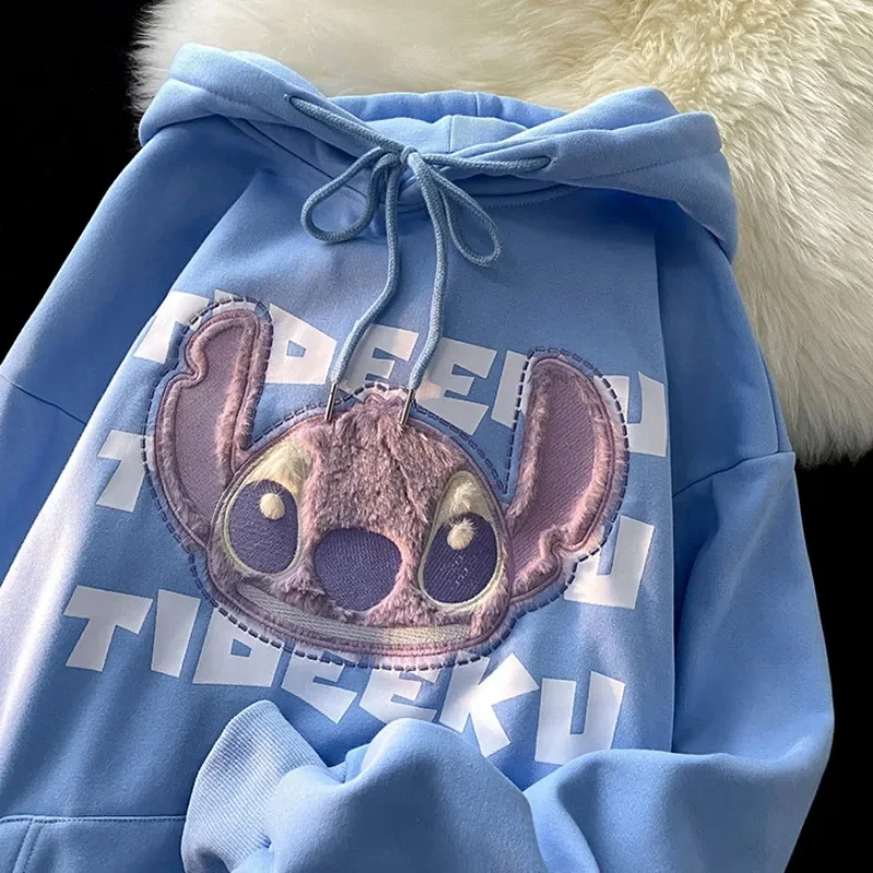 Disney Stitch Hoodies Cartoon Embroidery Women Sweatshirt Autumn Winter Long Sleeve Oversize Harajuku Pullovers Ladies Sweater