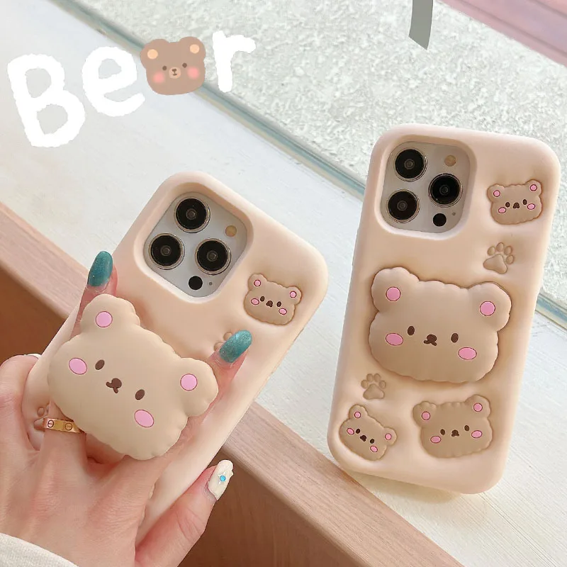 Korea Pop Cute Cartoon Bear fold bracket Stand Case For iphone 15 13 12 14 Pro Max 11 13pro 15PM Silicone Protective Phone Cover