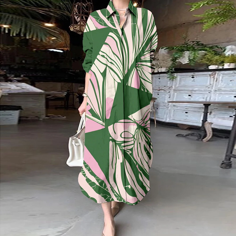 2024 Summer Green Floral Printed Commuter Work Dresses Women\'s Button Down Shirt Dress Casual Loose Fit Long Sleeve Blouse Dress