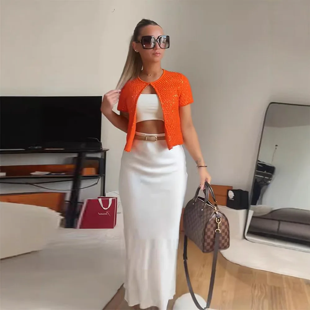 

European and American summer new style sequined solid color short-sleeved knitted cardigan coat with camisole two-piece set