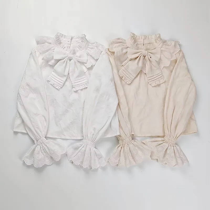 ロリータ風インナーロングスリーブ春秋ハーフハイネックボウフリルキュート万能ジャカードコットンシャツJKブラウス新作