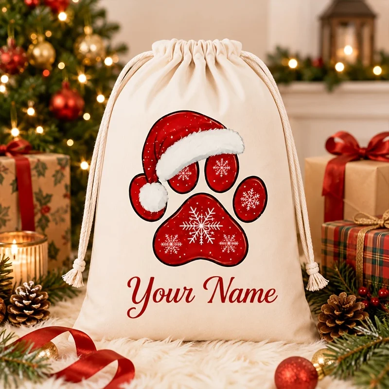 Personalized Dog Paw Christmas Gift Bag Custom Name Santa Paw Print Drawstring Sack Xmas Holiday Present Storage Bag for Pet Lov