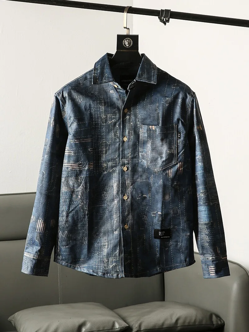 

Retro Digital Print Long Sve Men's irt Casual Loose Fit Spring Autumn Sle Turn-down Collar Trendy Outerwear Jaet