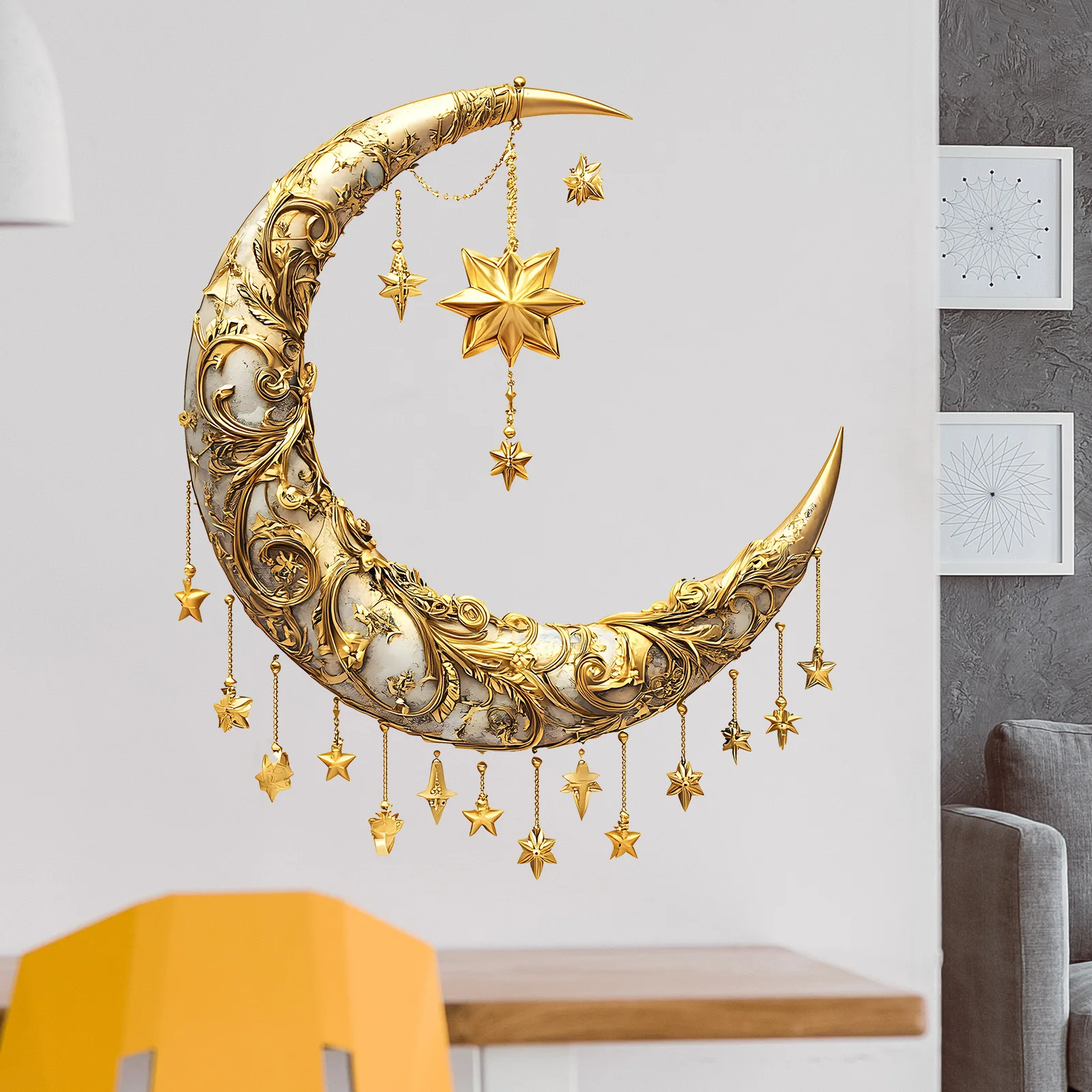 3D Relief Moon Star Wall Stickers Middle Eastern Hanging Decor Self Adhesive Removable Decals for Bedroom Dining Room Home Decor