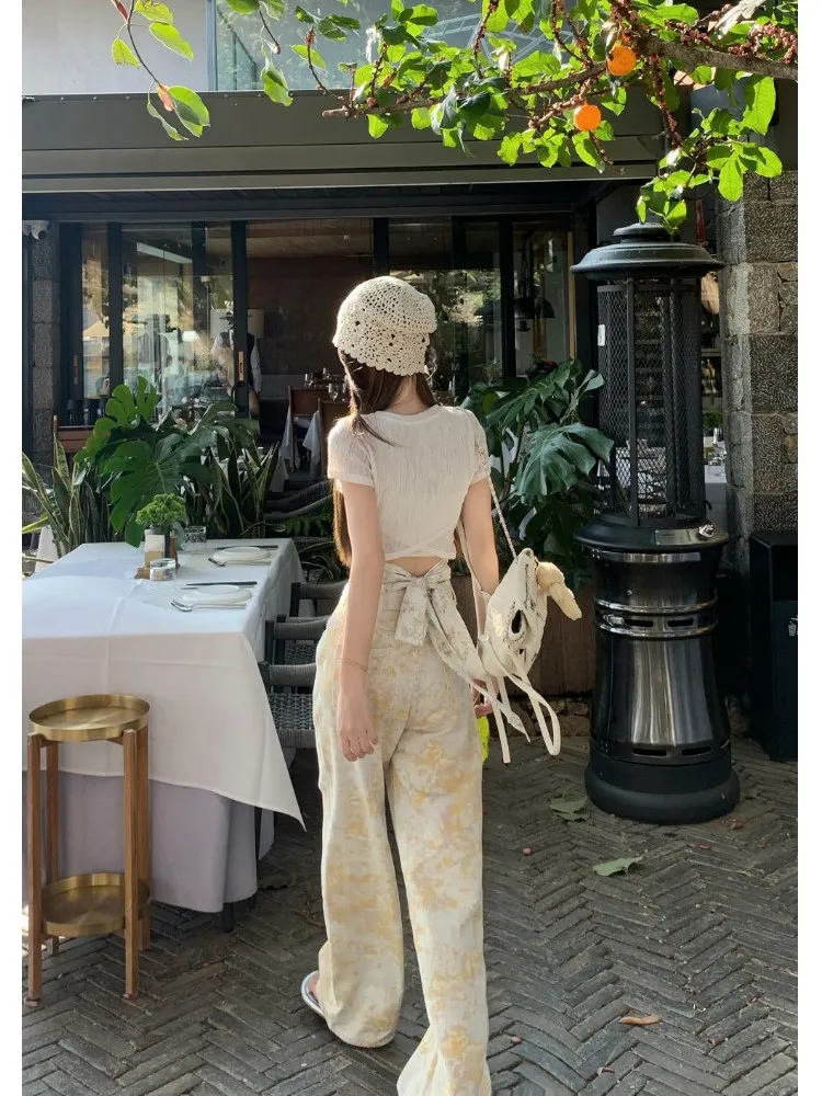 하이웨이스트 염색 프린트 루즈핏 여성 청바지 미국 스타일 여름 와이드 레그 팬츠 스트레이트 컷 바지 롱 플로어 길이 디자인