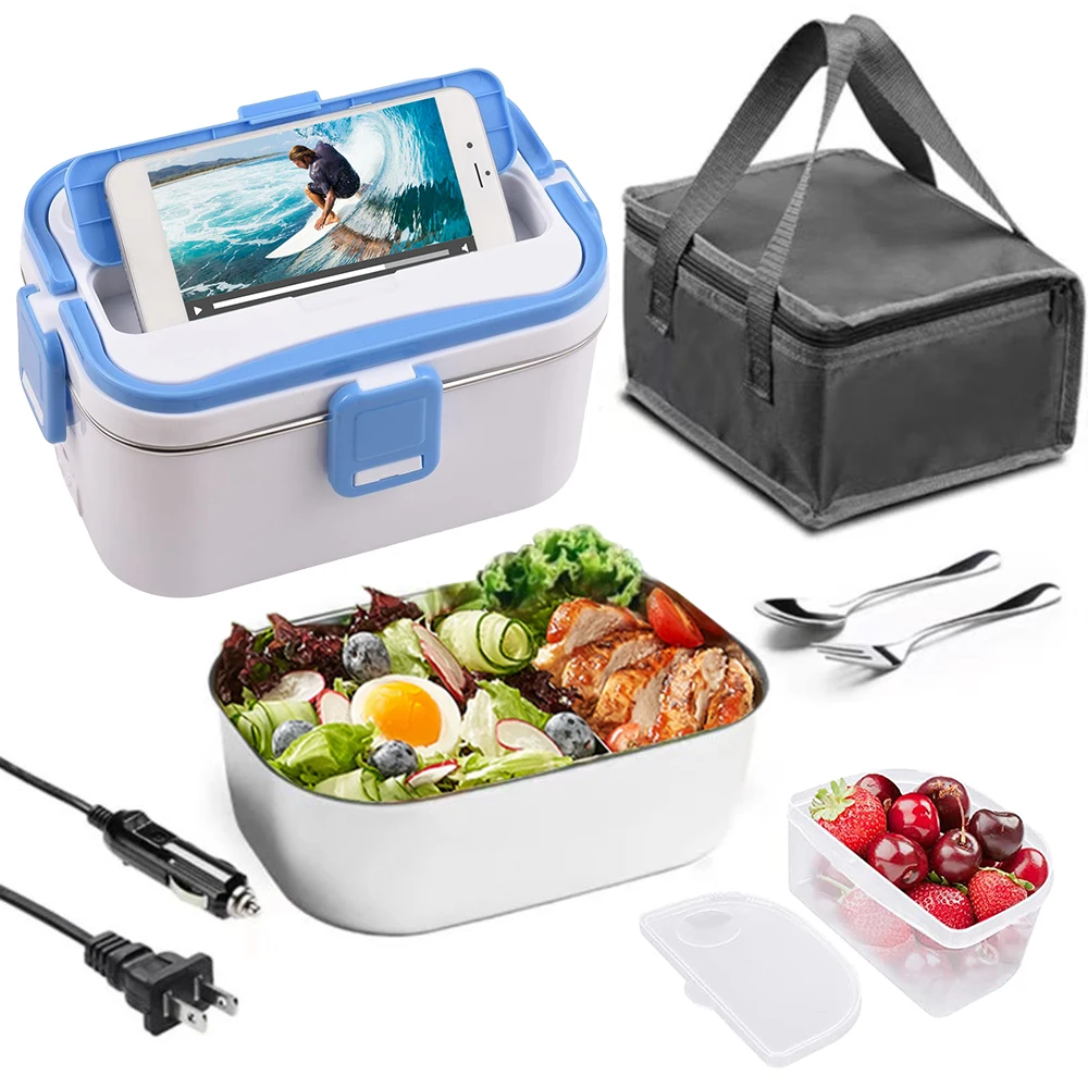 Heating Lunch Box 1.8L 60W Portable Stainless Steel 110/220V+12V/24V Dual Power Supply Interface Stainless Steel Liner Electric